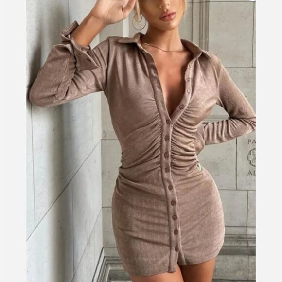 BabyBoo Kyesha Long Sleeve Bodycon Mini Button Up Dress - Picture 1 of 4